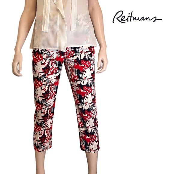 Reitmans Capri Pants Cotton Floral Colourful Bold Print Pockets Red Navy Cropped - Picture 1 of 8
